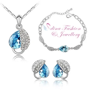 18K White Gold Filled Made With Swarovski Crystal Ocean Blue Leaf Teardrop Set - Picture 1 of 3