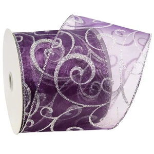 Swirl Wired Sheer Glitter Ribbon, 4-Inch by 25-Yard Spool, Purple/Silver - Picture 1 of 3