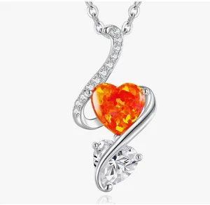 Double Heart Pendant 925 Sterling Silver Opal Birthstone Necklace - Picture 1 of 7