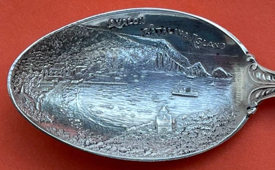 CUCHARA DE RECUERDO DE PLATA ESTERLINA CALIFORNIA VISTA DE AVALON CATALINA ISLAND 5-1/2” Foto 1 de 4