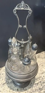 Victorian Glass Cruet Set in Aluminum or Pewter Holder - Picture 1 of 2