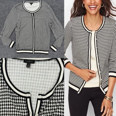 Talbots Button Up Cardigan Sweater Black White Houndstooth Stretch Women’s Sz L - Image 1 of 4