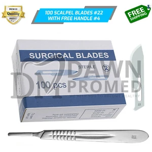 100 Sterile Surgical Blades #22 FREE BP Scalpel Handle #4 Medical ENT German Gr - Picture 1 of 6