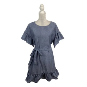 Eci Pinstripe Shift Dress Tie Waist Sash Ruffle Hems Round Neck Lightweight L - Picture 1 of 10