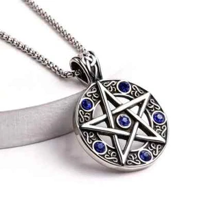 Hollow Pentagram Blue Rhinestone Pendant Men's Stainless Steel Necklace - Picture 1 of 6