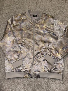 JOGAL STYLE Embroidered Satin Flight Bomber Jacket Floral Silver Men XL NWOT - Picture 1 of 6