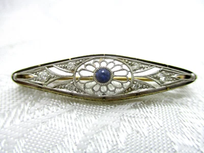 PIN BROCHE BARRA ZAFIRO DIAMANTE ORO AMARILLO/BLANCO SÓLIDO 14K JOYERÍA VINTAGE Foto 1 de 4