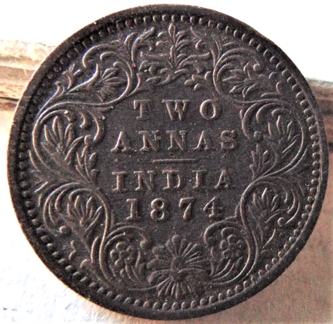 1874 INDIA British, Victoria, silver Two Annas grade EXTRA FINE.#7.3 Cover