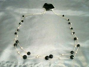 Women's 2 Strand Necklace Silver Tone Metal Chain Black and Silver Beads New - Picture 1 of 2