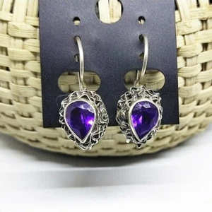 New Bali Crafted Earring Purple Amethyst Sterling Silver 925 Women Love Dangle - Picture 1 of 3