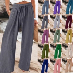 Summer Ladies Polyester Loose Plain Wide Leg Pants Casual Trousers Plus Size - Picture 1 of 26