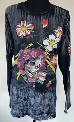 Ed Hardy By Christian Audigier Women Y2K Skull Flower Long Sleeve Top Sz L RARE - Image 1 of 4
