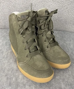 Sorel Womens Out N About Wedge Leather Sneaker Bootie Stone Green Sea Size 7 New - Picture 1 of 14