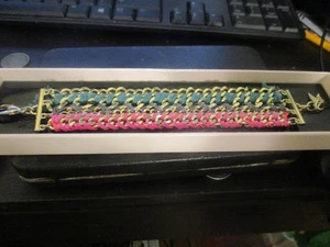 VICTORIA'S SECRET PINK/TEAL RIBBON WOVEN GOLD CHAIN BRACELET LIMITED EDITION 6" - Picture 1 of 5