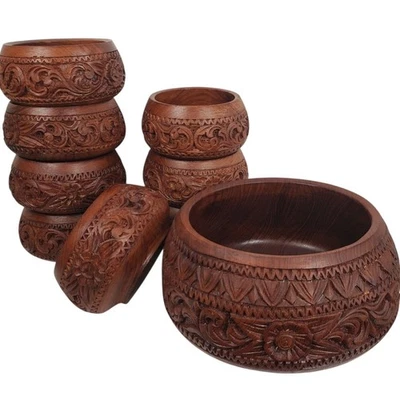 Vntg Hand Carved Wooden Salad Bowl Set. 9 Pc set. Mid-Century Modern - Image 1 of 4