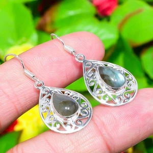 Natural Labradorite Gemstone Handmade 925 Sterling Silver Earring 1.65" Gift b61 - Picture 1 of 8