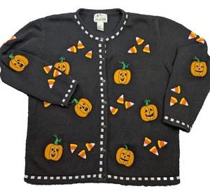 The Quacker Factory Halloween Large Embroidered Cardigan Sweater Pumpkin VTG - Picture 1 of 6