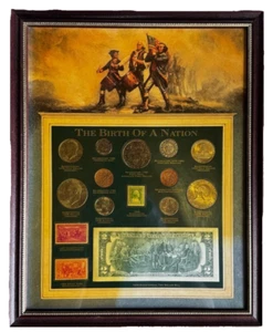 Die Geburt einer Nation gerahmte Münzen Briefmarken zweihundertjährig Zwei-Dollar-Schein Hälfte - Bild 1 von 4