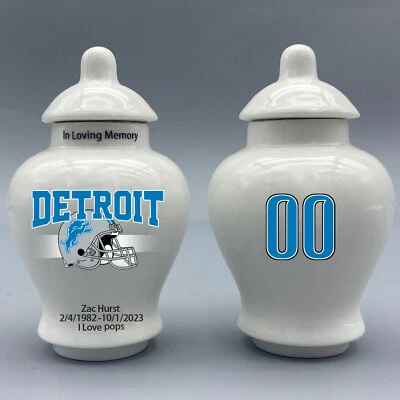 Ceramic Mini Urn for Detroit Lions Football Theme, Custom Text & Number - Image 1 of 4