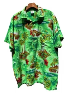 Rima Shirt Mens Sz Large Green West Indies St Lucia Print Split Hem Tropical EUC - Picture 1 of 5