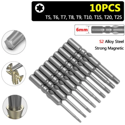 10X T5-T25 TORX Bits Set 6mm Round Shank Fit for 802 Torque Electric Screwdriver - Image 1 of 4