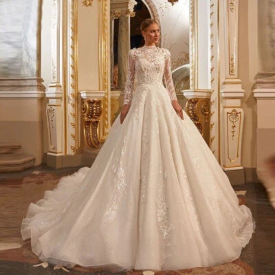 Luxury Wedding Dresses Ball Gown Long Sleeves High Neck Applique Sequins Train - Image 1 of 4
