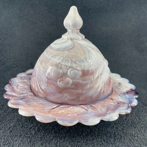 Purple Slag Glass Covered Butter Cheese Dish Hanging Cherries Mosser READ HTF - Picture 1 of 14