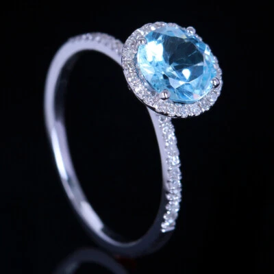 Venta Anillo fino oro blanco 10k corte redondo topacio azul cielo diamantes piedras preciosas joyería Foto 1 de 4