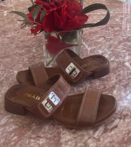 Prada Brown Leather Turnlock Slides Brandy Slip On Sandals Heels Sz 35.5/ US 5.5 - Picture 1 of 8