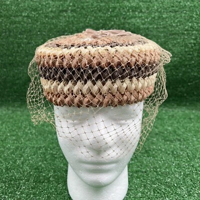 Mujer Vintage Rex Jr. Nueva York Rosa Marrón Beige Vestido Sombrero Con Red Foto 1 de 4