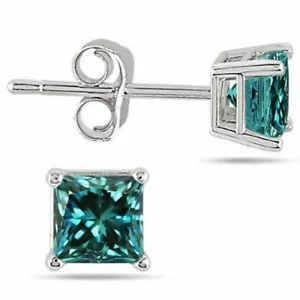 2Ct Princess Cut Lab Created Blue Diamond Stud Earrings 14k White Gold Plated - Picture 1 of 3