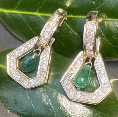 Vintage Emerald Diamond Earrings Doornocker Estate Fine Jewelry Pre-Owned 18K - Image 1 of 4