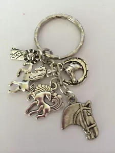 ❤️I LOVE HORSES  Key ring holder Tibetan Silver horses horseshoe ribbon 5 charms - Picture 1 of 1