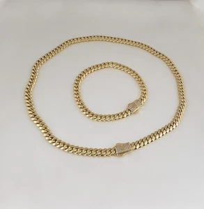 Set Damen Herren 14K vergoldet CZ Kubanisches Halsband Kette Halskette und Armband - Bild 1 von 1