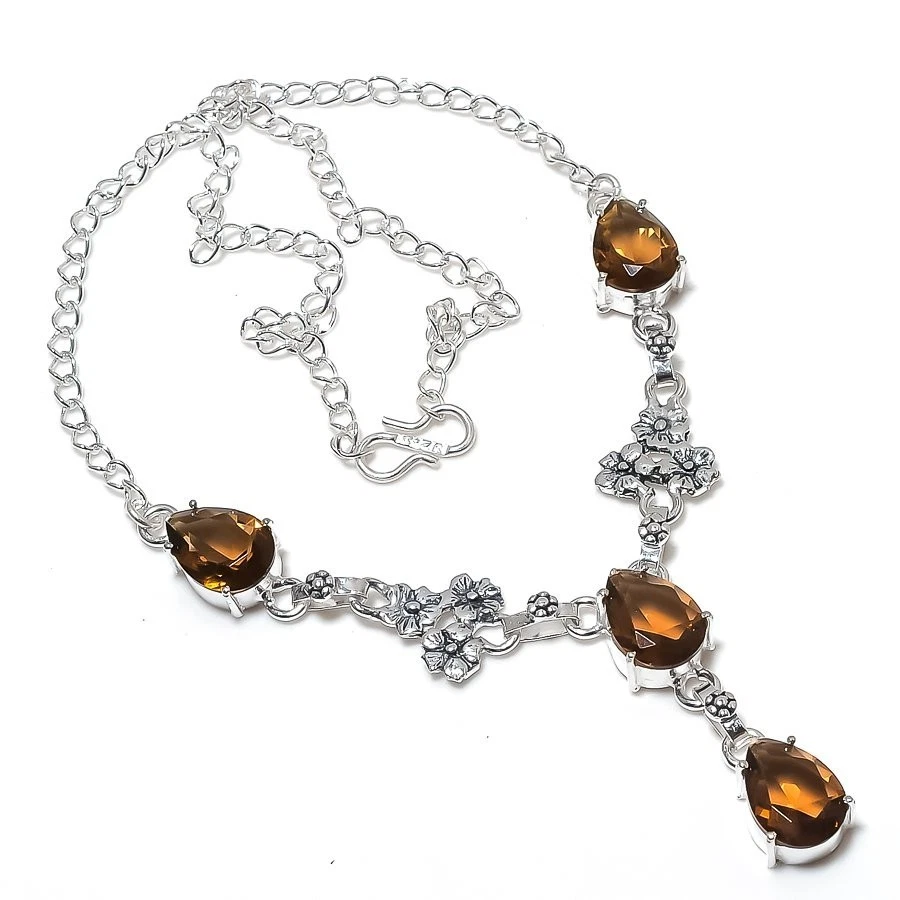 Collar de joyería de plata esterlina 925 hecho a mano con piedras preciosas de cuarzo ahumado tamaño 18" Foto 1 de 1