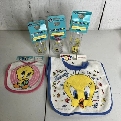 Lote vintage Gerber Baby Bottle & Bib Looney Tunes Lovables Nurser Baby Tweety Bird - Imagem 1 de 4