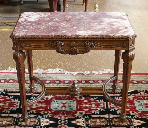 Finely Carved Oak Louis XVI Style Marble Top Occasional Table By Karpen Cover