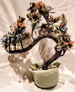 Colorful Vintage Chinese Carved Flowering Glass Bonsia Tree - Picture 1 of 7