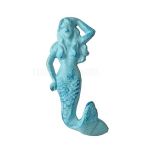 Mermaid Wall Hook Towel Coat Hanger Cast Iron Antique Style Blue Nautical Decor - Picture 1 of 4