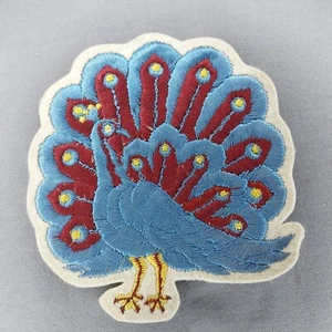 Vintage Peacock Blue Red 4.5" x 4 3/4" Felt Embroidered Patch - Picture 1 of 2