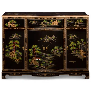 US Seller - Black Lacquer Chinoiserie Scenery Motif Oriental Hall Cabinet - Picture 1 of 5