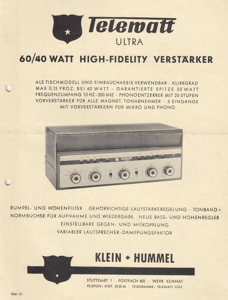 KLEIN + HUMMEL TELEWATT ULTRA - ORIGINALPROSPEKT - Bild 1 von 1