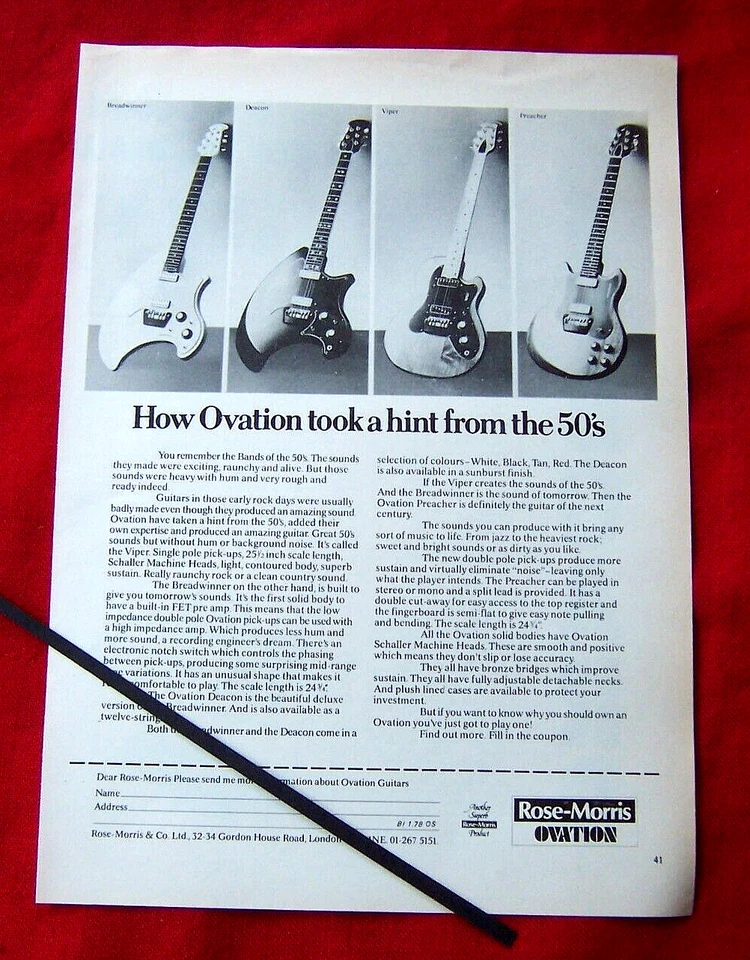 Guitarras elétricas OVATION VIPER DEACON PREACHER 1978 ANÚNCIO VINTAGE ORIGINAL - Imagem 1 de 1