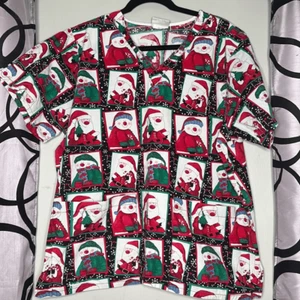 Tafford Christmas Scrub Top Santa Snowmen Short Sleeve Vneck Pockets Large - Picture 1 of 11