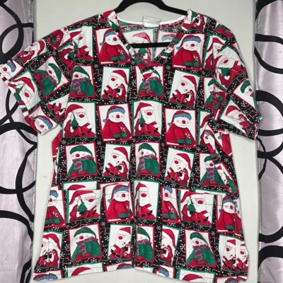 Tafford Christmas Scrub Top Santa Snowmen Short Sleeve Vneck Pockets Large - Image 1 of 4