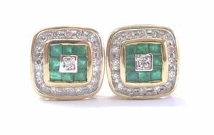 Fine Gem Colombian Green Emerald Diamond Yellow Gold Stud Earrings 1.16Ct 14KT - Imagen 1 de 4