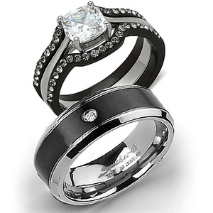 His Titan Hers 4 Stck. Schwarz Edelstahl Hochzeit Verlobungsring Band Set - Bild 1 von 8