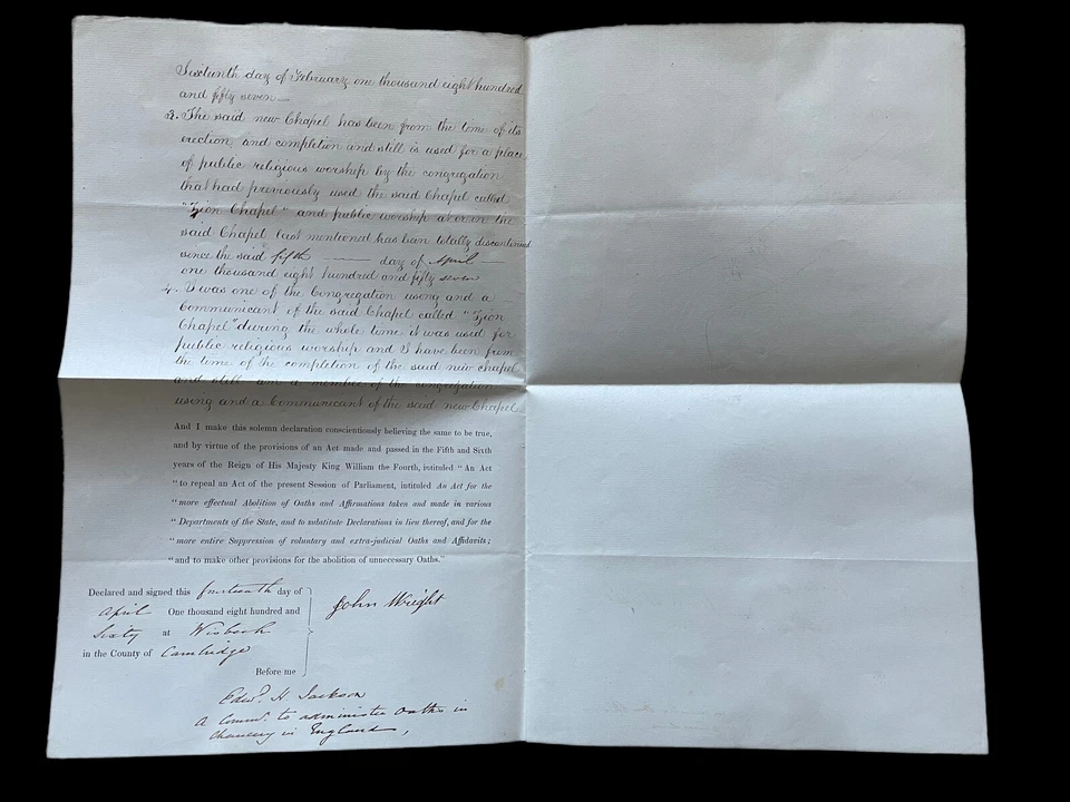 Declaration Of Mr. John Wright At Union Chapel 1860 Manuscript On Vellum - Image 1 of 4