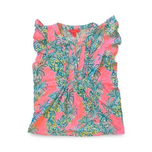 Blusa Top Lilly Pulitzer Essie Rosa Foral Acanalada Botón Sin Mangas Pequeña Nueva Sin Etiquetas - Imagen 1 de 6