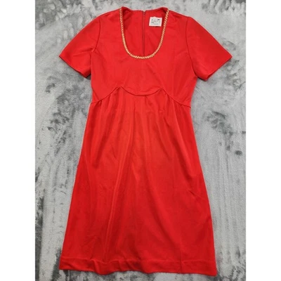 Vintage Anos 60 Leslie Fay Vestido de Malhas Feminino S Acabamento Dourado Vermelho Decote Redondo Império Mini - Imagem 1 de 4